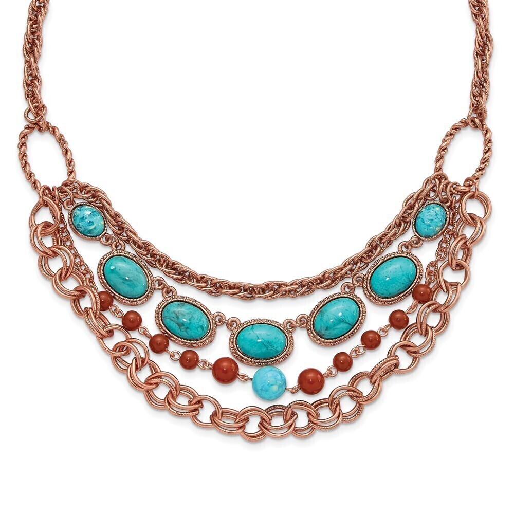 Copper-tone Link Aqua, Brown Acrylic Beads Graduated Four Row 16" Necklace